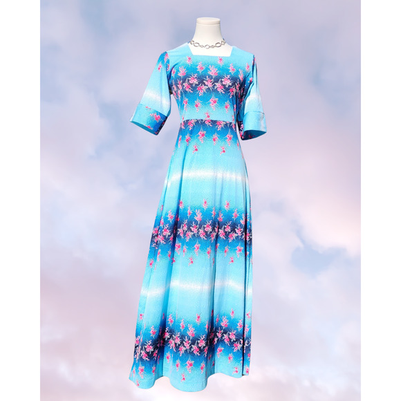Vtg 60s Handmade Mod Hawaiian Style High Waist Blue Pink Flower Maxi Retro Dress - Picture 1 of 9